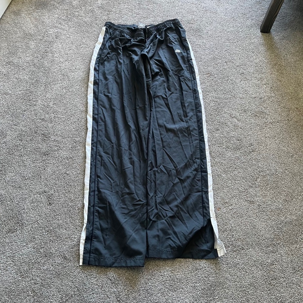 Mens Nike Track Pants L Black Excellent White Stripe Fit Dry Wide Leg Joggers